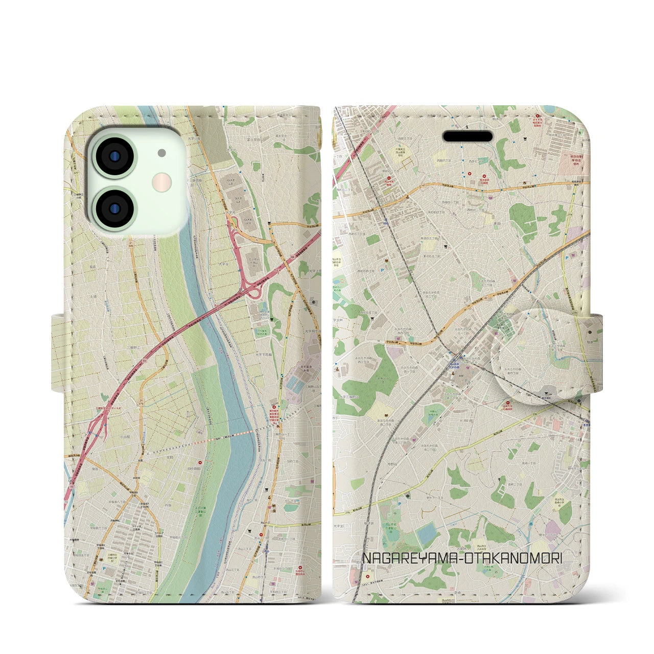 【流山おおたかの森】地図柄iPhoneケース（手帳両面タイプ・ナチュラル）iPhone 12 mini 用