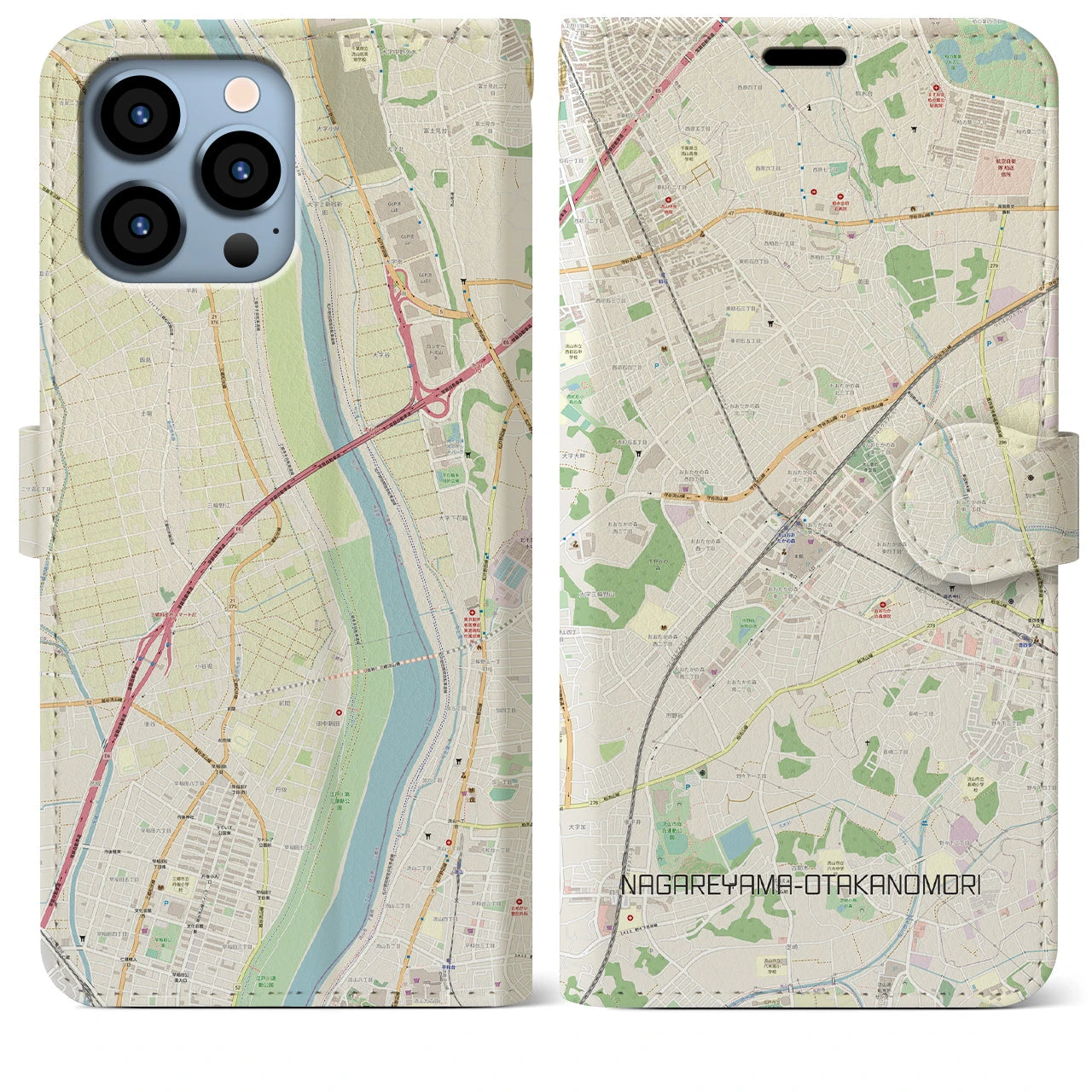 【流山おおたかの森】地図柄iPhoneケース（手帳両面タイプ・ナチュラル）iPhone 13 Pro Max 用