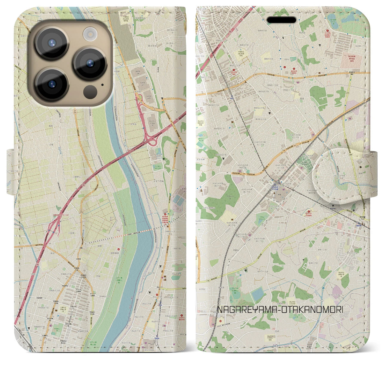 【流山おおたかの森】地図柄iPhoneケース（手帳両面タイプ・ナチュラル）iPhone 14 Pro Max 用