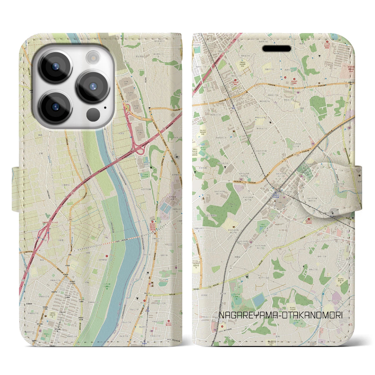 【流山おおたかの森】地図柄iPhoneケース（手帳両面タイプ・ナチュラル）iPhone 14 Pro 用