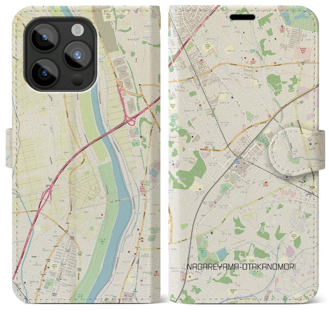 【流山おおたかの森】地図柄iPhoneケース（手帳両面タイプ・ナチュラル）iPhone 15 Pro Max 用
