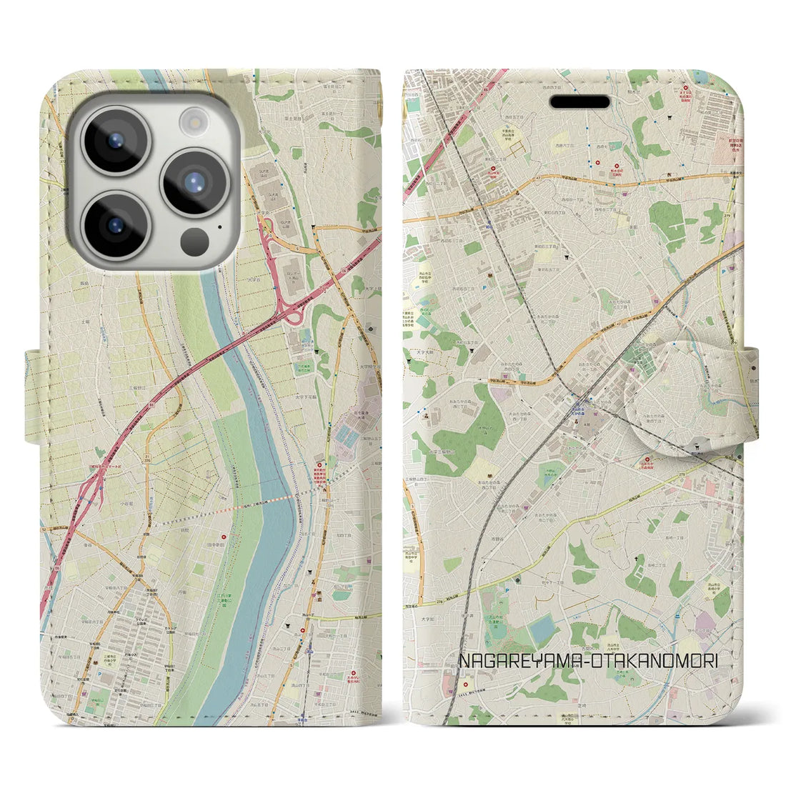 【流山おおたかの森】地図柄iPhoneケース（手帳両面タイプ・ナチュラル）iPhone 15 Pro 用