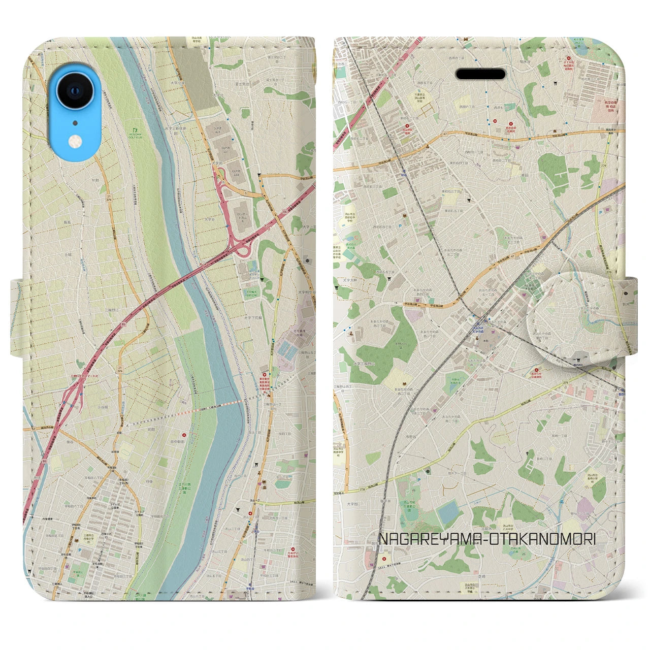 【流山おおたかの森】地図柄iPhoneケース（手帳両面タイプ・ナチュラル）iPhone XR 用