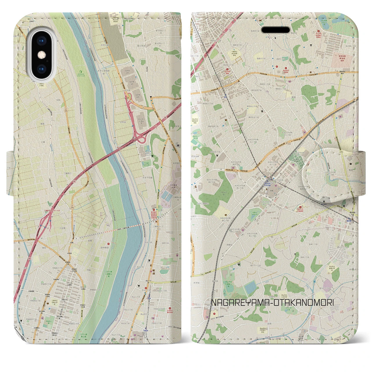 【流山おおたかの森】地図柄iPhoneケース（手帳両面タイプ・ナチュラル）iPhone XS Max 用
