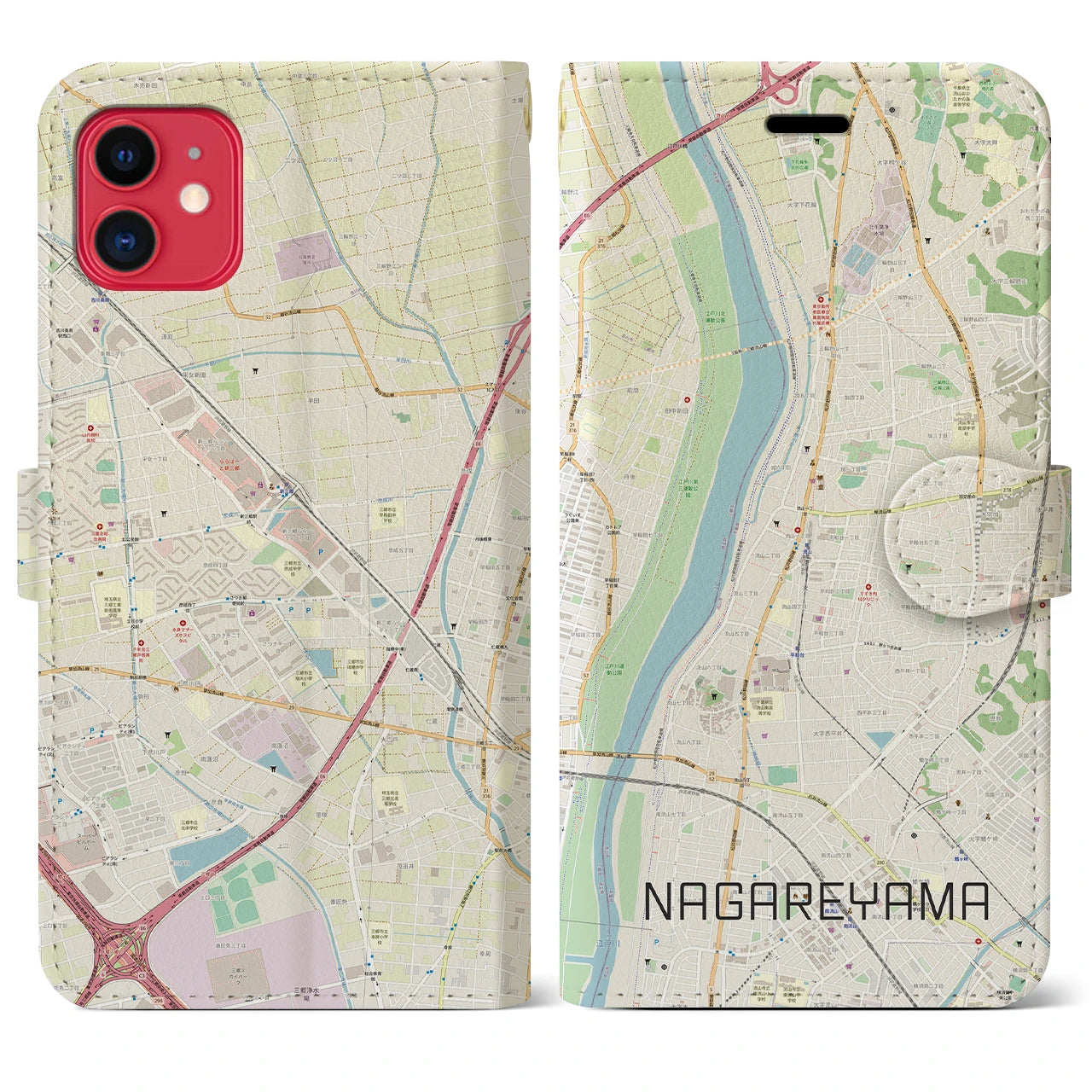 【流山】地図柄iPhoneケース（手帳両面タイプ・ナチュラル）iPhone 11 用
