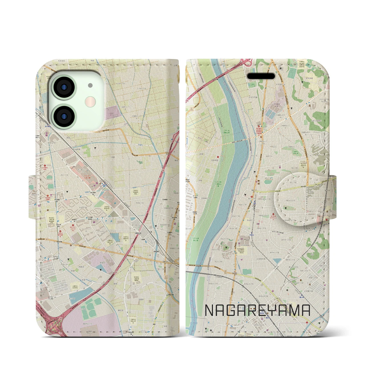 【流山】地図柄iPhoneケース（手帳両面タイプ・ナチュラル）iPhone 12 mini 用