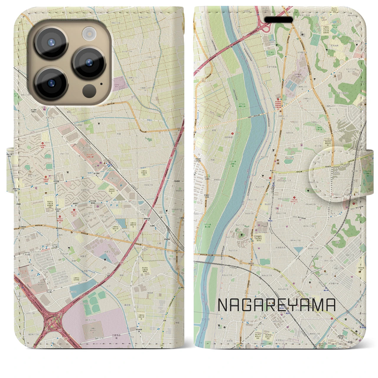 【流山】地図柄iPhoneケース（手帳両面タイプ・ナチュラル）iPhone 14 Pro Max 用