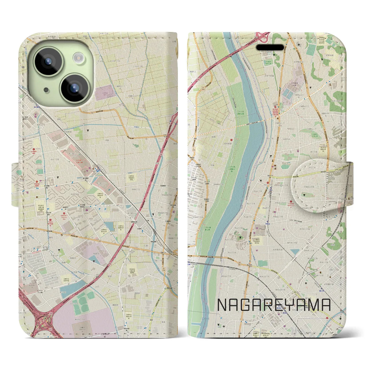 【流山】地図柄iPhoneケース（手帳両面タイプ・ナチュラル）iPhone 15 用