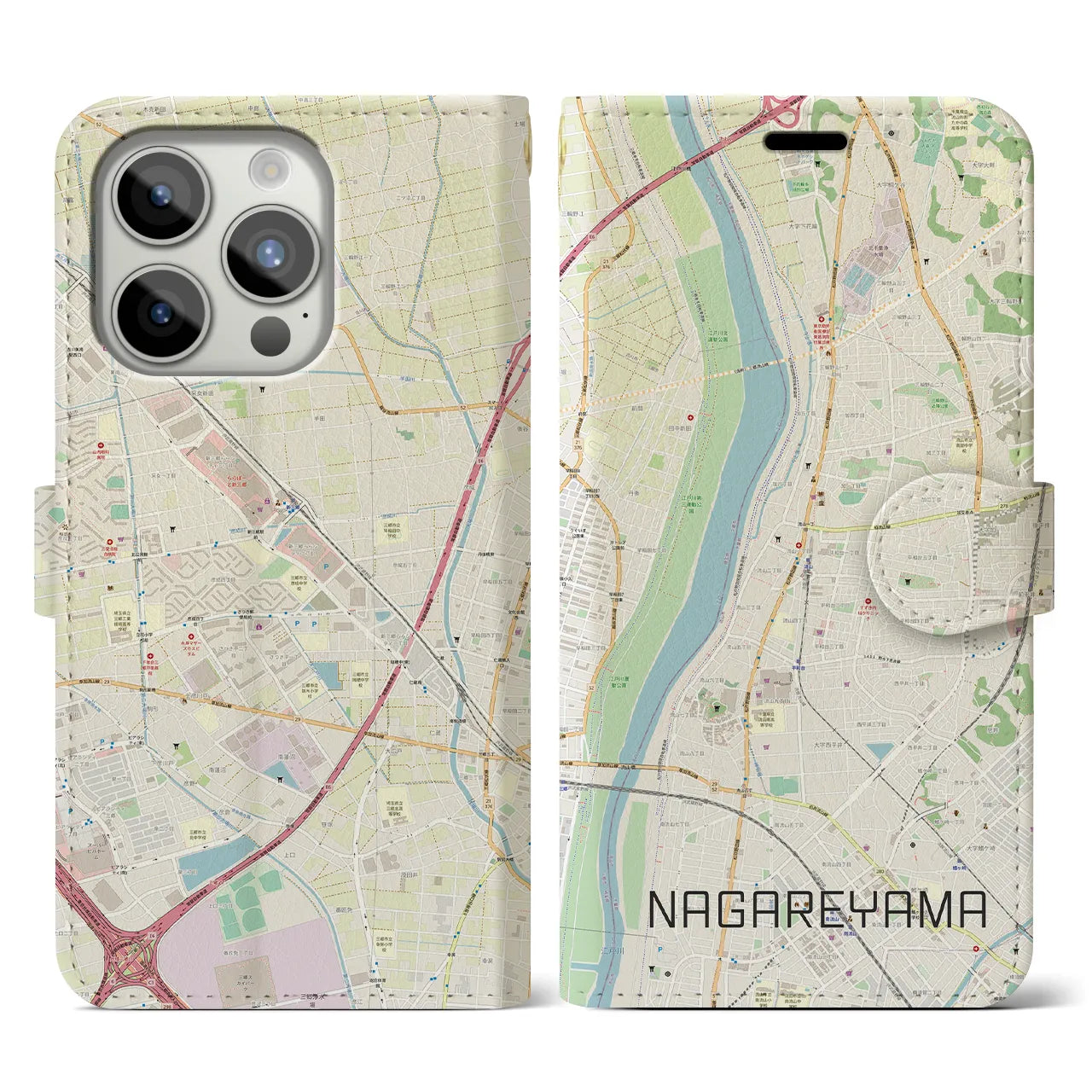 【流山】地図柄iPhoneケース（手帳両面タイプ・ナチュラル）iPhone 15 Pro 用