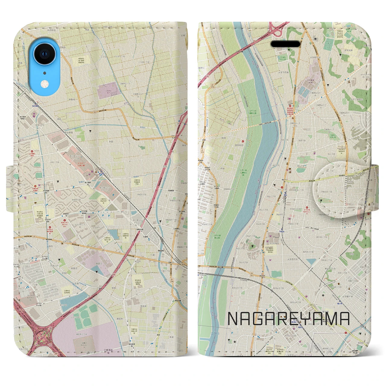 【流山】地図柄iPhoneケース（手帳両面タイプ・ナチュラル）iPhone XR 用