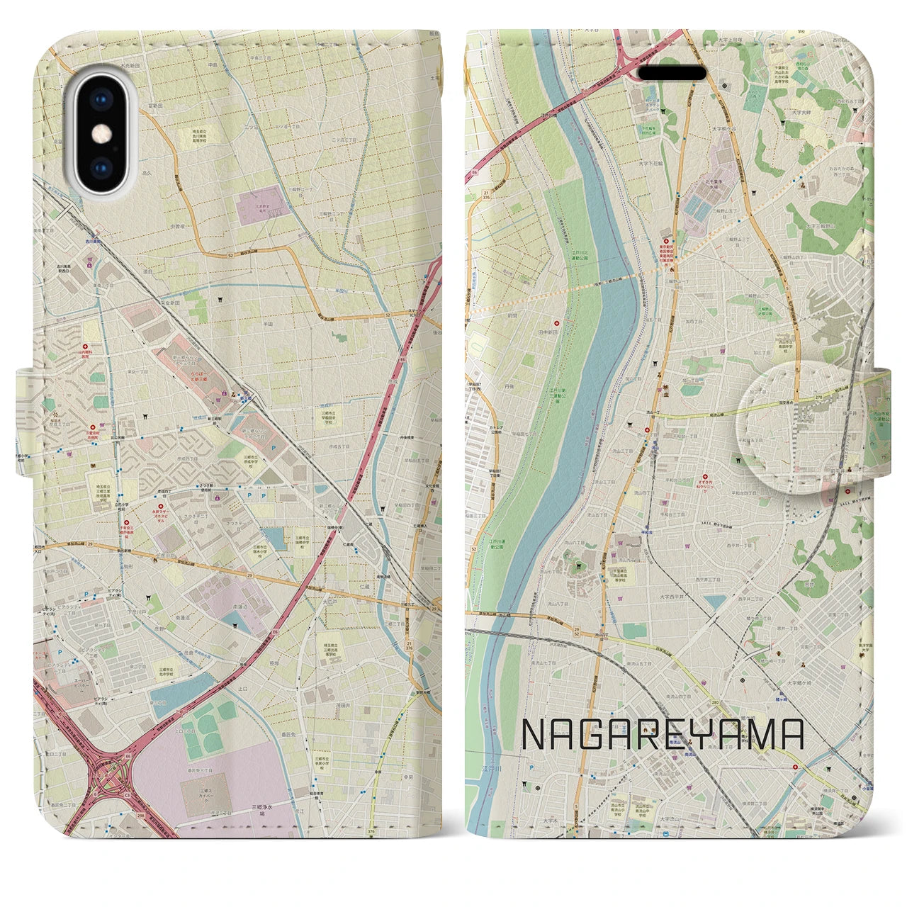 【流山】地図柄iPhoneケース（手帳両面タイプ・ナチュラル）iPhone XS Max 用