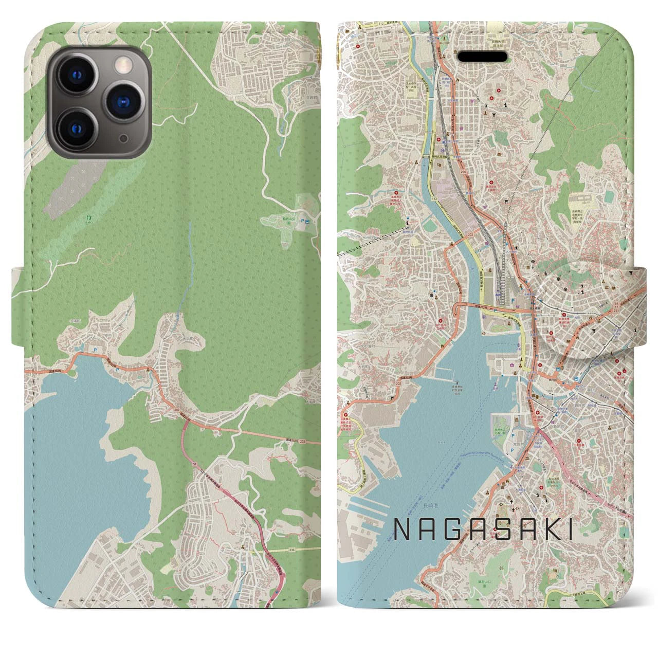 【長崎】地図柄iPhoneケース（手帳両面タイプ・ナチュラル）iPhone 11 Pro Max 用