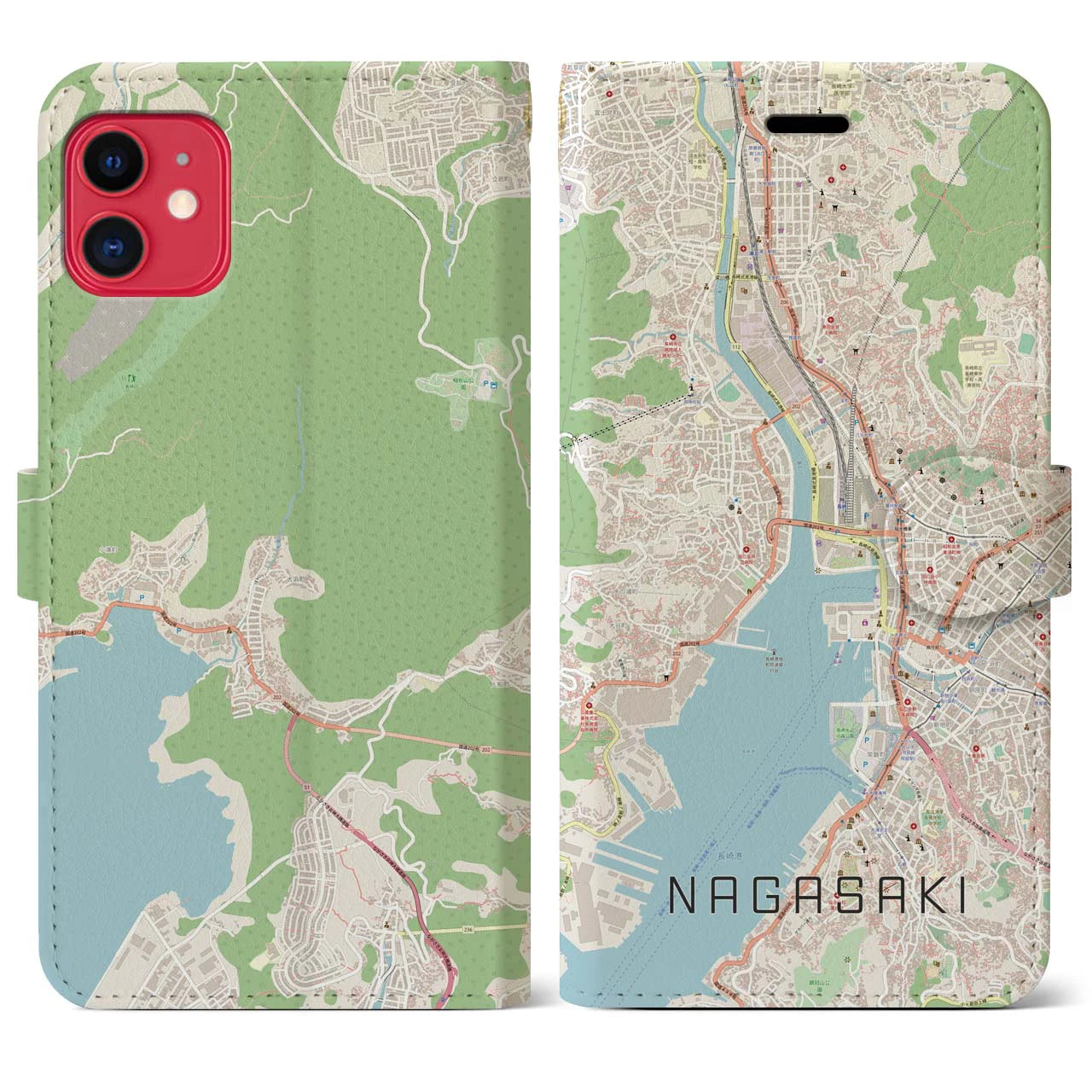 【長崎】地図柄iPhoneケース（手帳両面タイプ・ナチュラル）iPhone 11 用