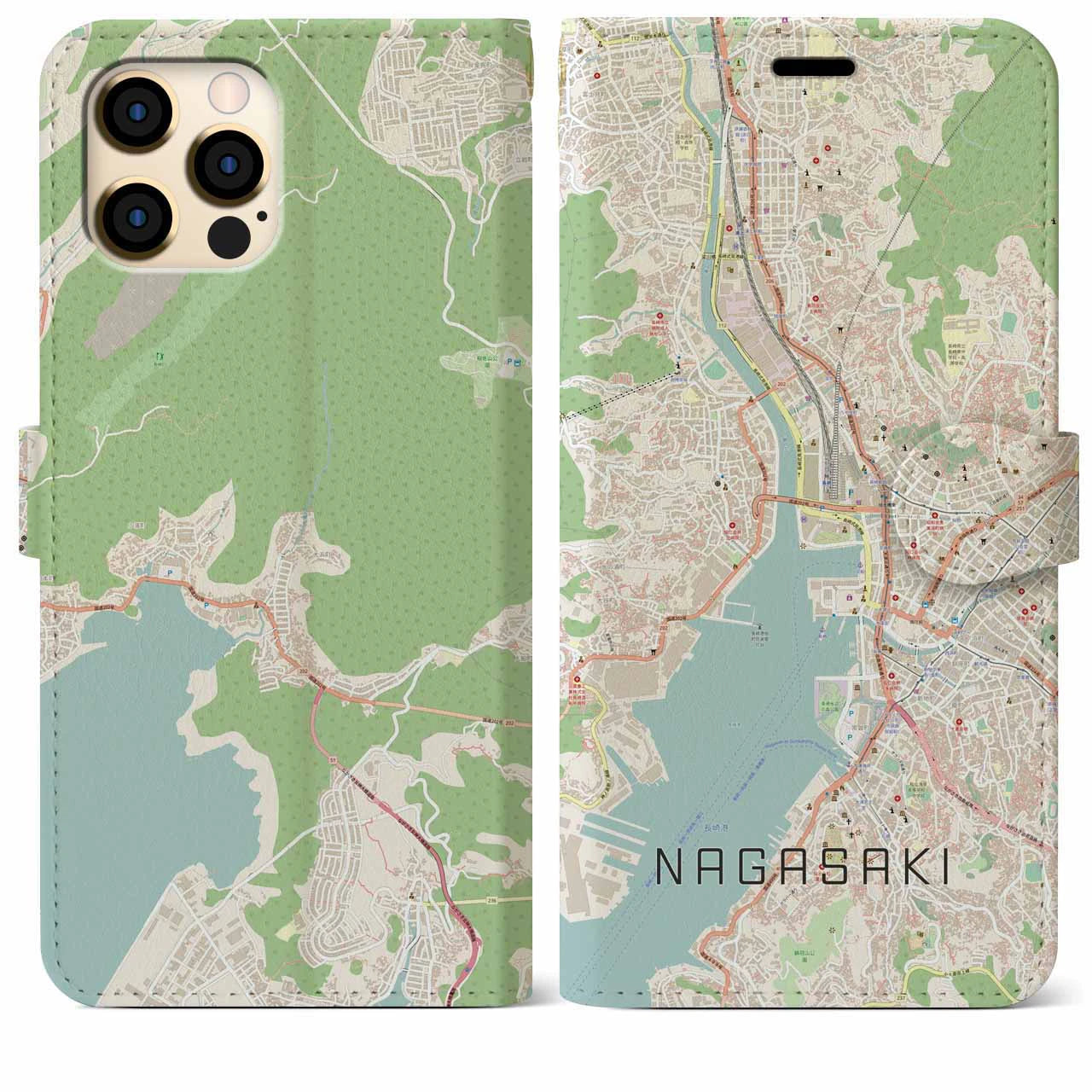 【長崎】地図柄iPhoneケース（手帳両面タイプ・ナチュラル）iPhone 12 Pro Max 用