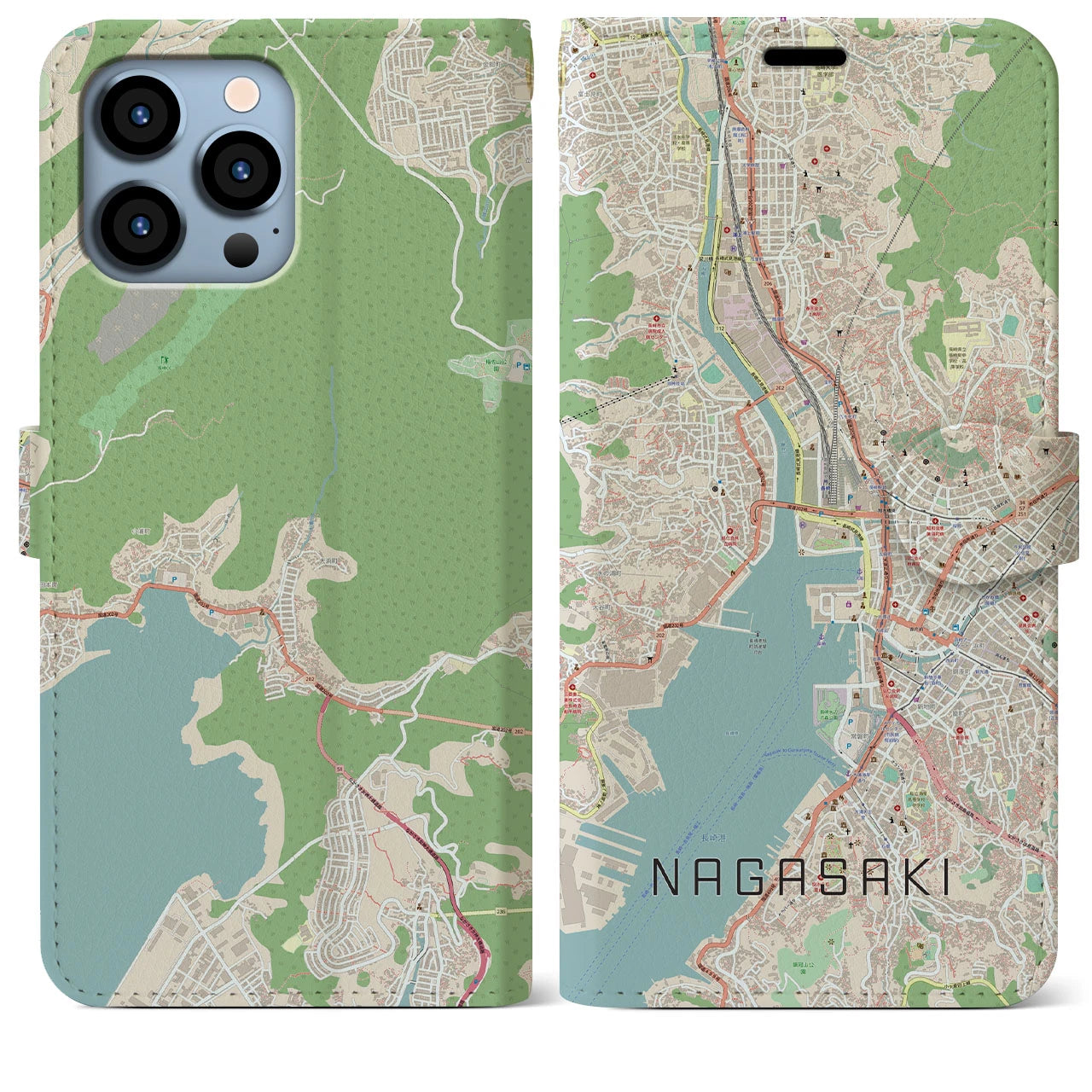 【長崎】地図柄iPhoneケース（手帳両面タイプ・ナチュラル）iPhone 13 Pro Max 用