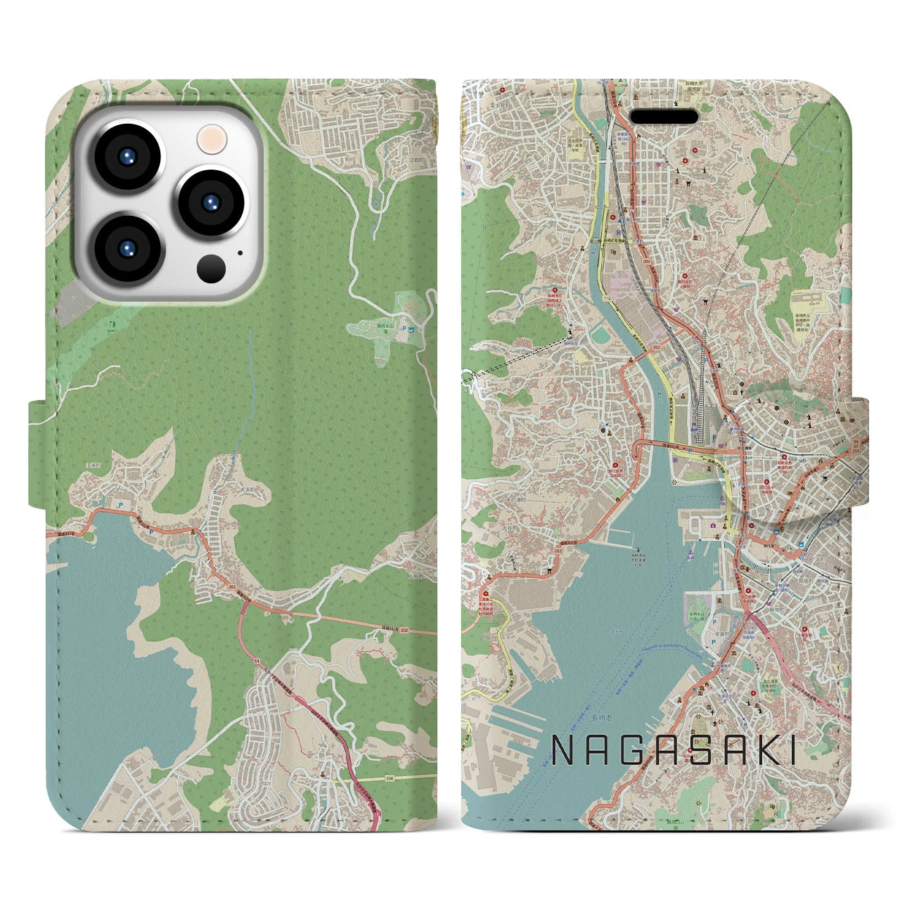 【長崎】地図柄iPhoneケース（手帳両面タイプ・ナチュラル）iPhone 13 Pro 用