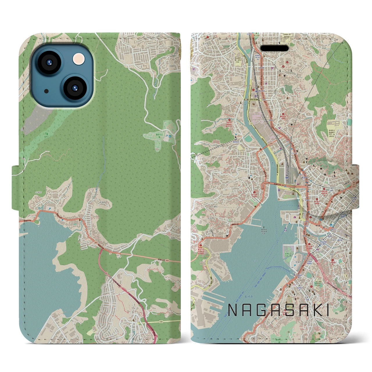 【長崎】地図柄iPhoneケース（手帳両面タイプ・ナチュラル）iPhone 13 用