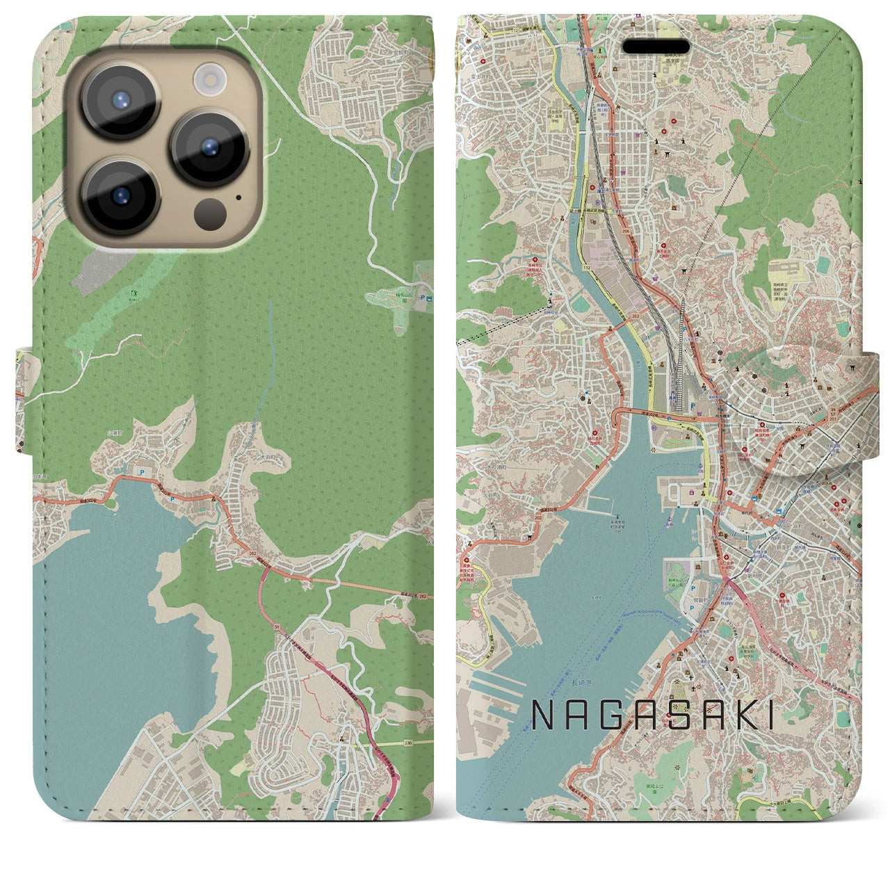 【長崎】地図柄iPhoneケース（手帳両面タイプ・ナチュラル）iPhone 14 Pro Max 用