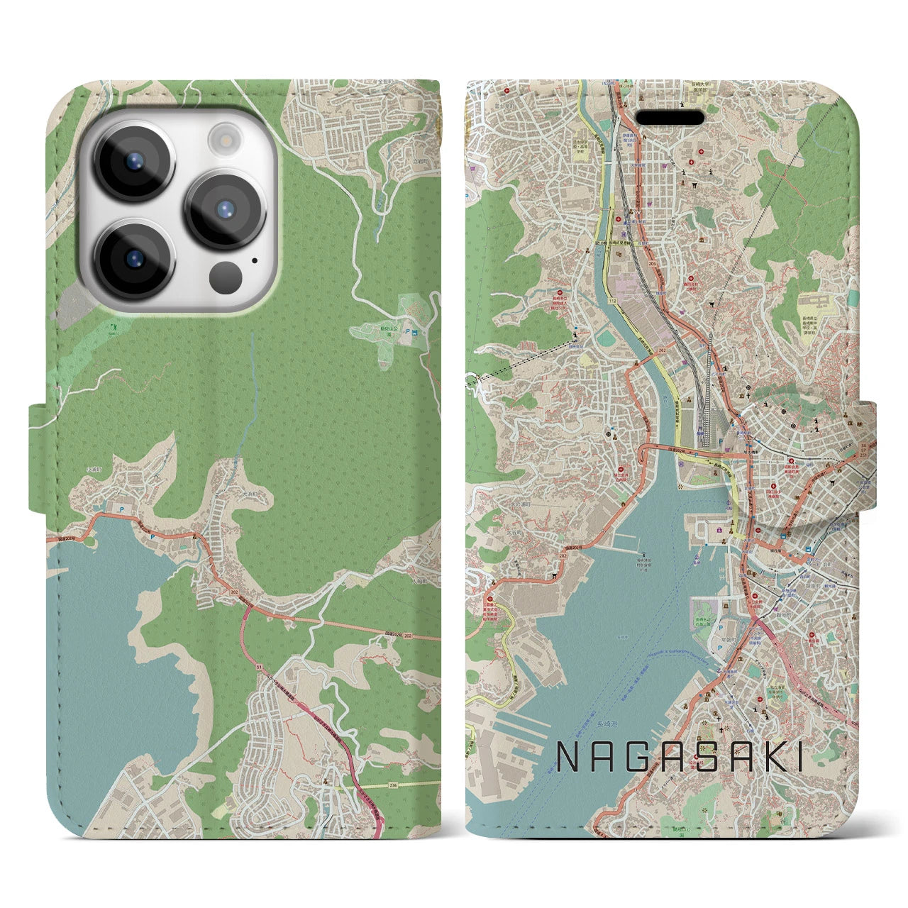 【長崎】地図柄iPhoneケース（手帳両面タイプ・ナチュラル）iPhone 14 Pro 用