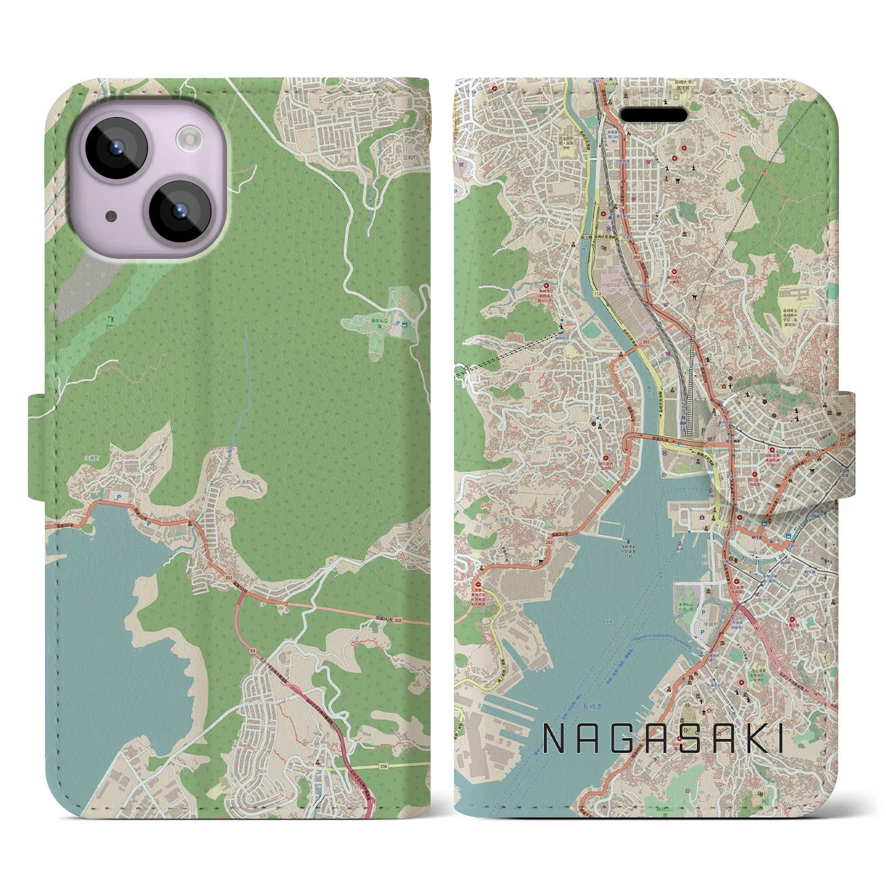 【長崎】地図柄iPhoneケース（手帳両面タイプ・ナチュラル）iPhone 14 用