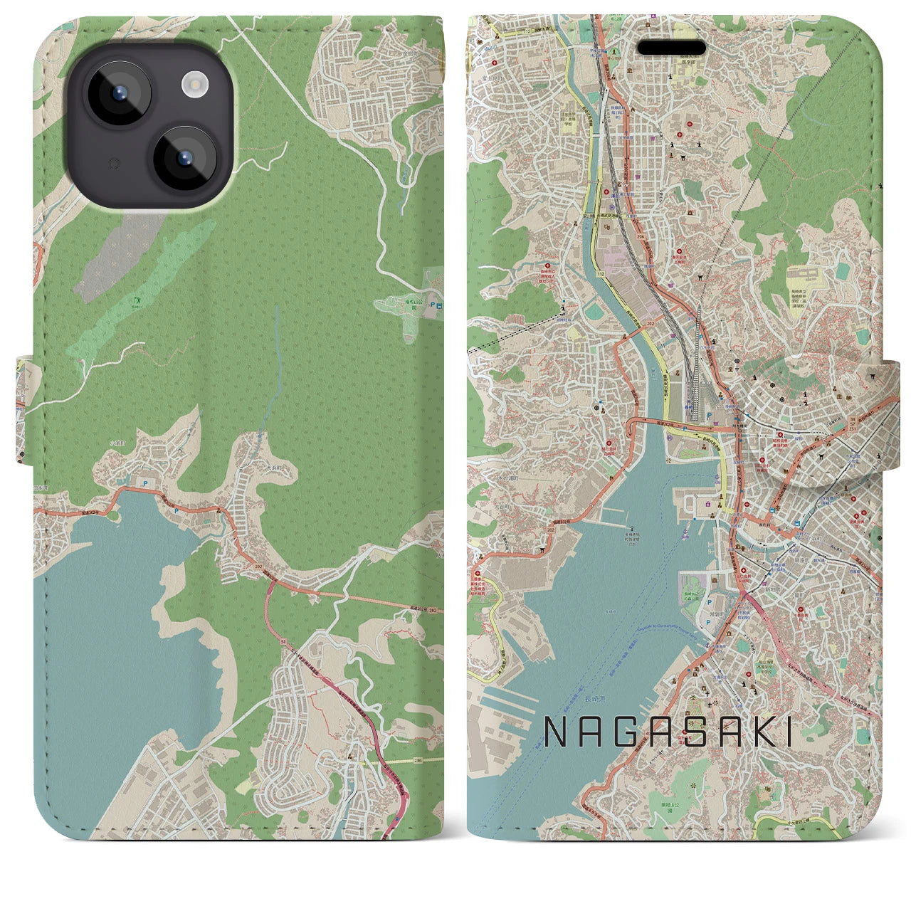【長崎】地図柄iPhoneケース（手帳両面タイプ・ナチュラル）iPhone 14 Plus 用