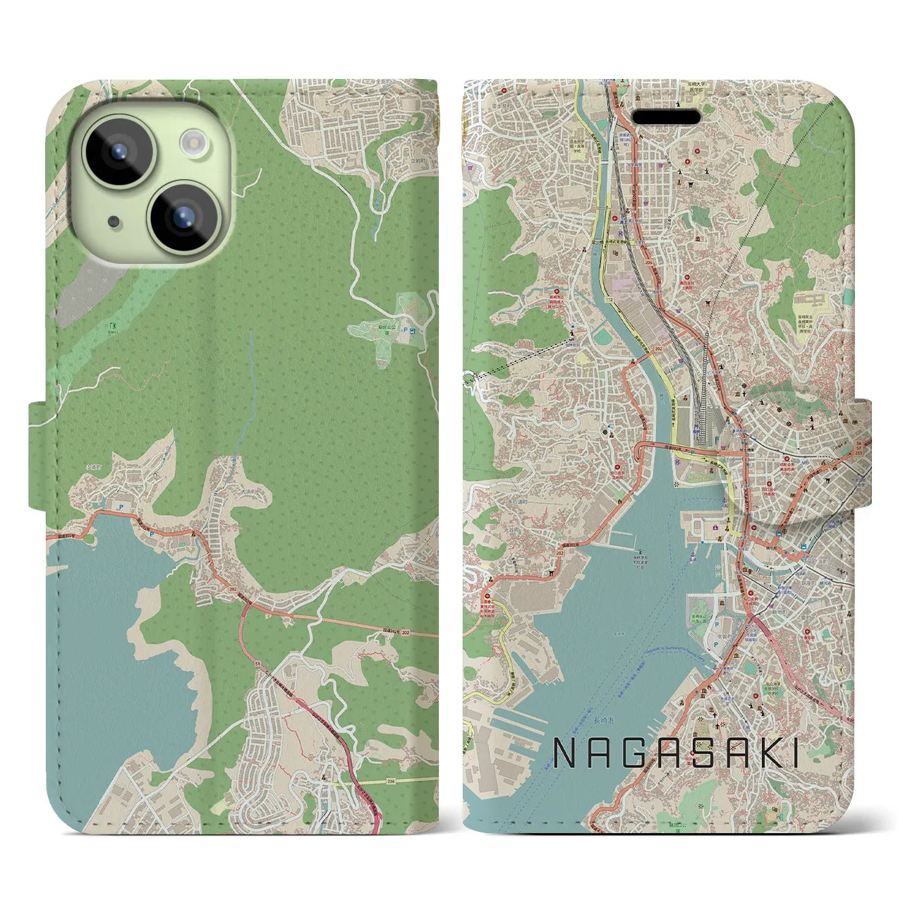 【長崎】地図柄iPhoneケース（手帳両面タイプ・ナチュラル）iPhone 15 用