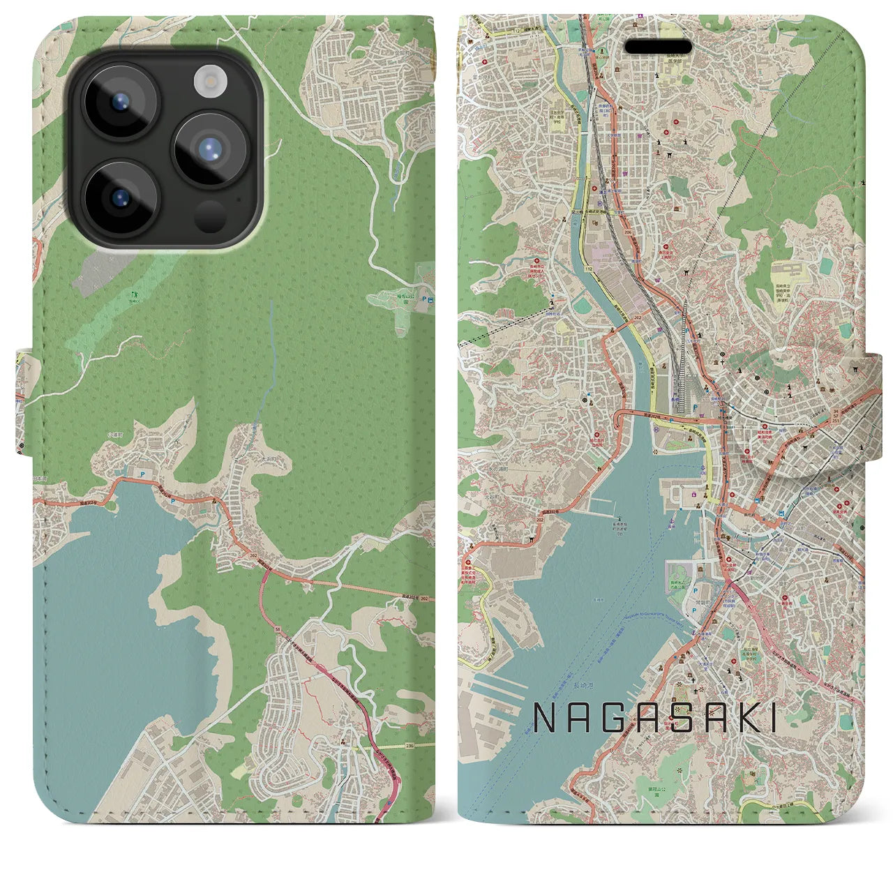 【長崎】地図柄iPhoneケース（手帳両面タイプ・ナチュラル）iPhone 15 Pro Max 用