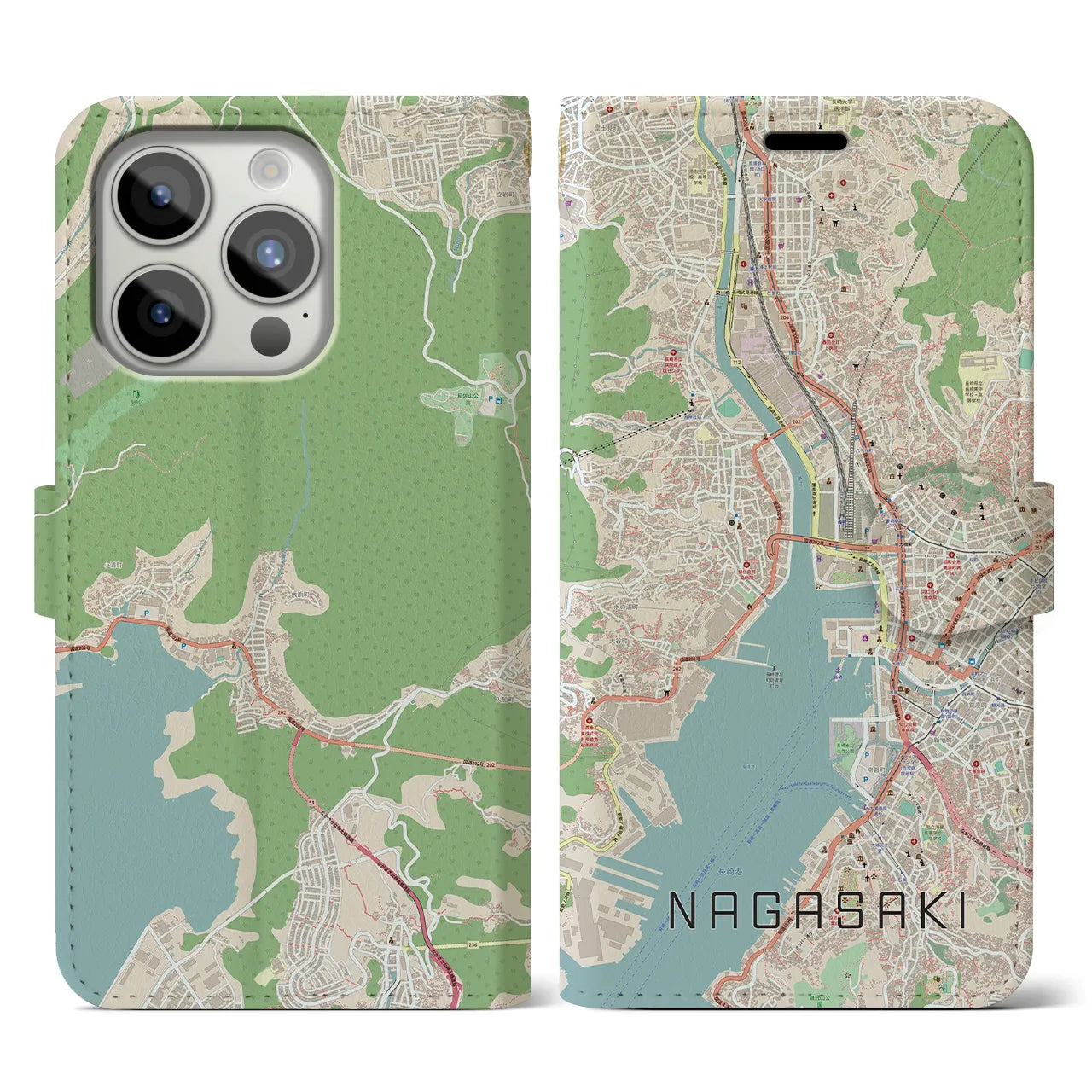【長崎】地図柄iPhoneケース（手帳両面タイプ・ナチュラル）iPhone 15 Pro 用