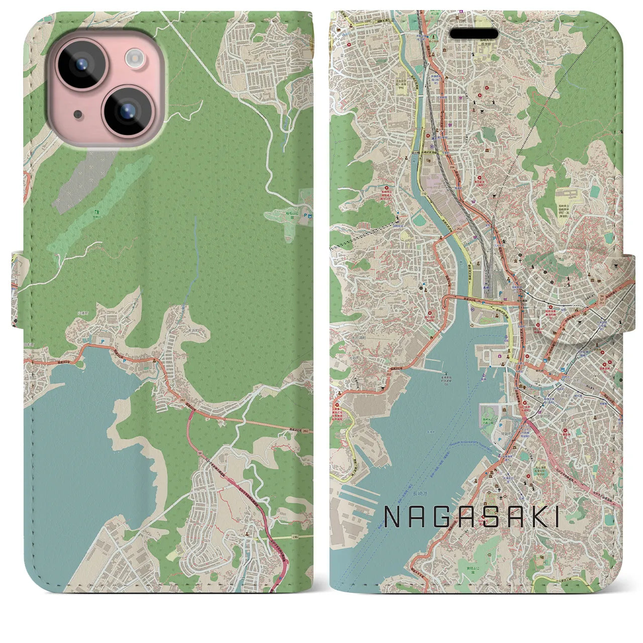 【長崎】地図柄iPhoneケース（手帳両面タイプ・ナチュラル）iPhone 15 Plus 用