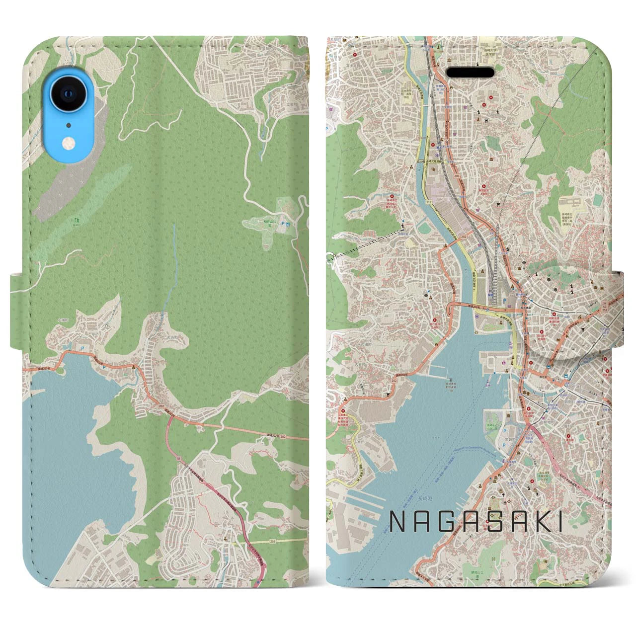 【長崎】地図柄iPhoneケース（手帳両面タイプ・ナチュラル）iPhone XR 用