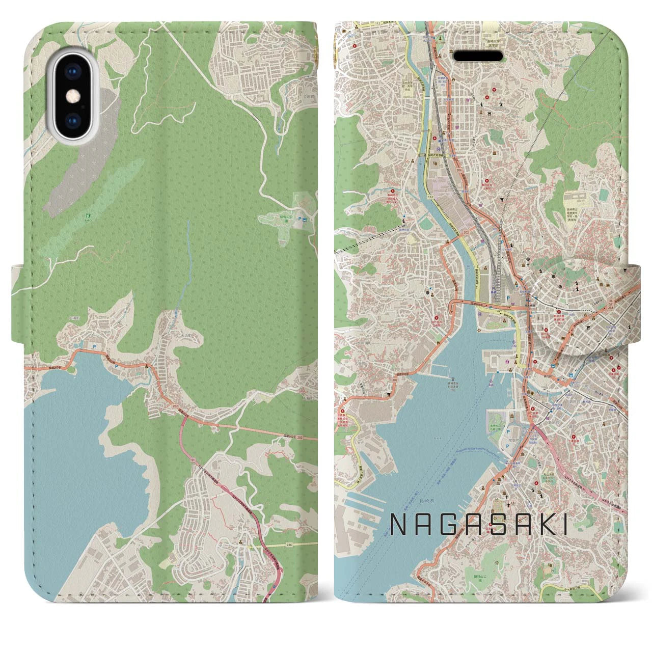 【長崎】地図柄iPhoneケース（手帳両面タイプ・ナチュラル）iPhone XS Max 用