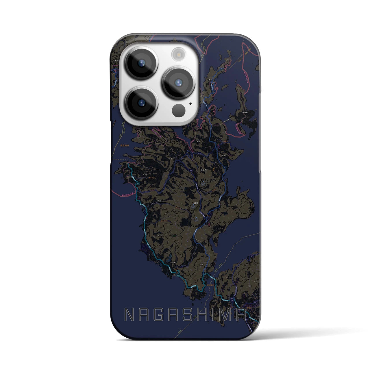 【長島】地図柄iPhoneケース（バックカバータイプ・ブラック）iPhone 14 Pro 用