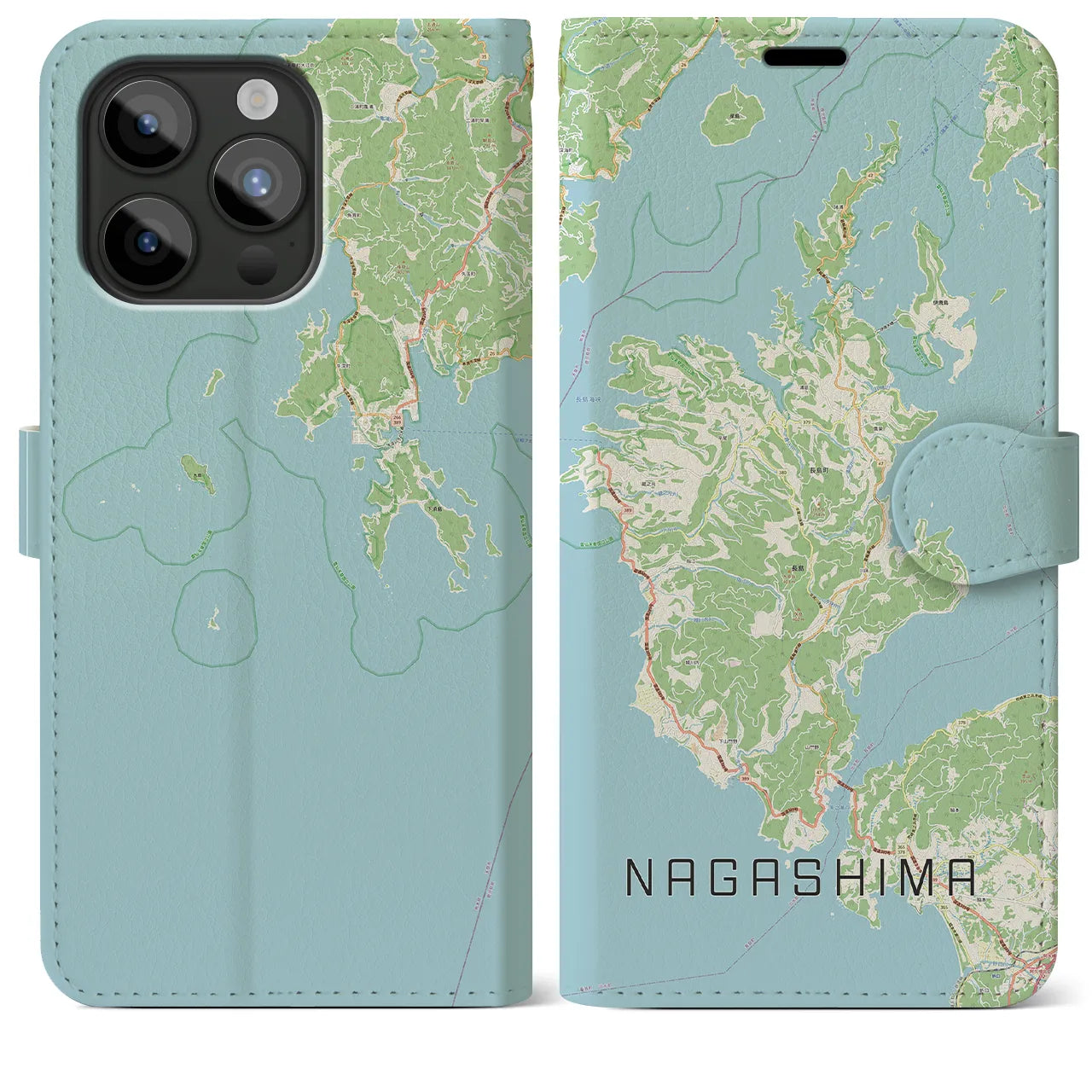 【長島】地図柄iPhoneケース（手帳両面タイプ・ナチュラル）iPhone 15 Pro Max 用