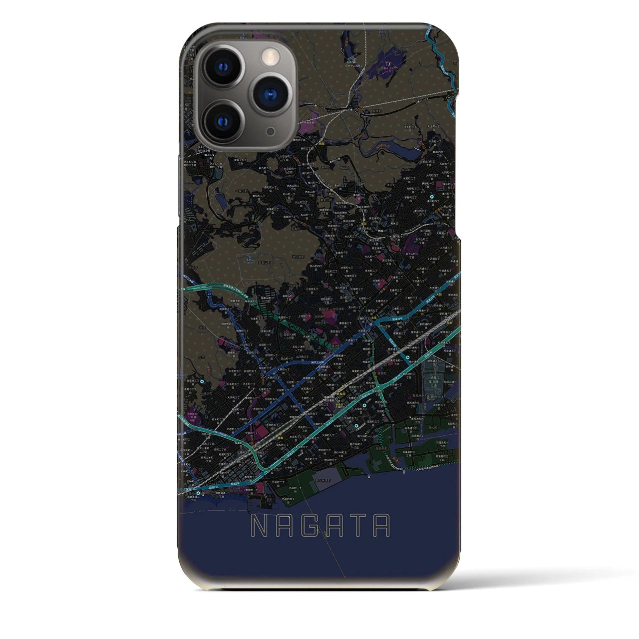 【長田】地図柄iPhoneケース（バックカバータイプ・ブラック）iPhone 11 Pro Max 用