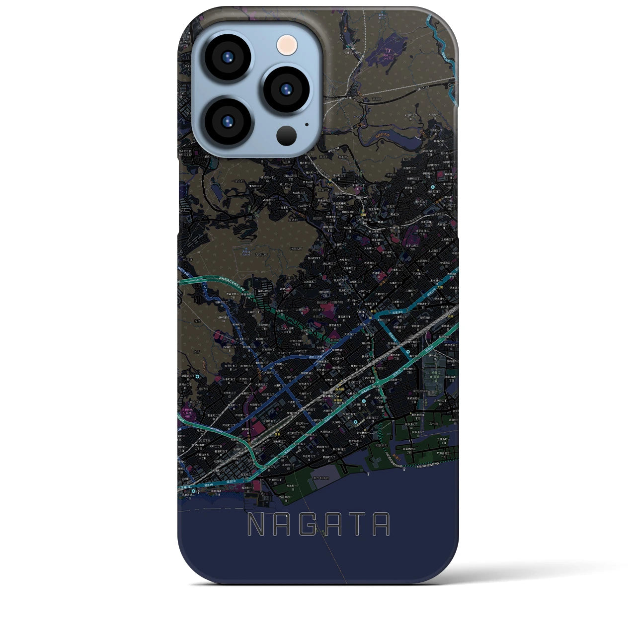 【長田】地図柄iPhoneケース（バックカバータイプ・ブラック）iPhone 13 Pro Max 用