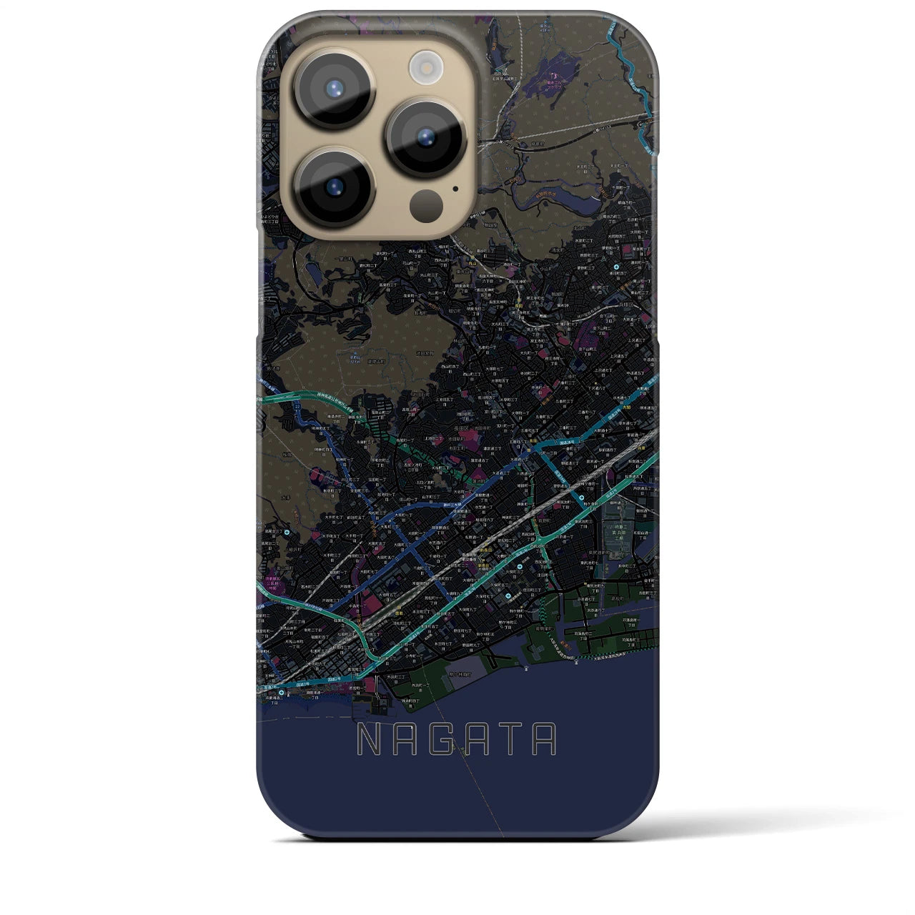 【長田】地図柄iPhoneケース（バックカバータイプ・ブラック）iPhone 14 Pro Max 用