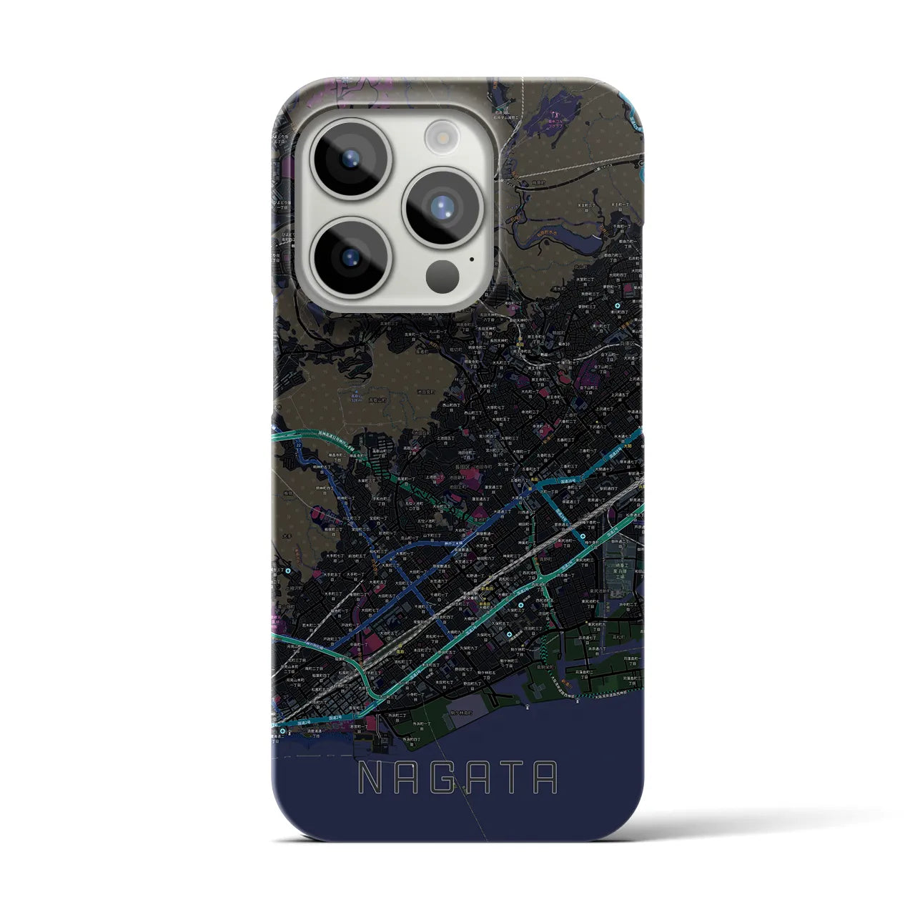 【長田】地図柄iPhoneケース（バックカバータイプ・ブラック）iPhone 15 Pro 用
