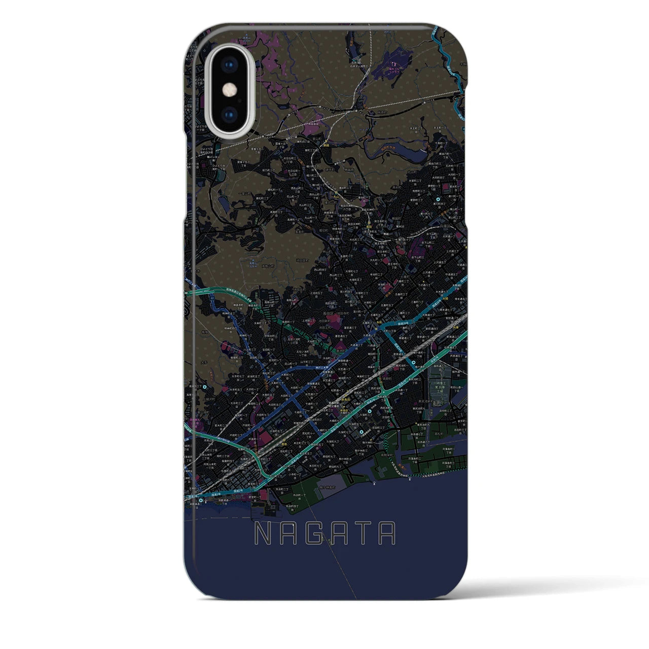 【長田】地図柄iPhoneケース（バックカバータイプ・ブラック）iPhone XS Max 用