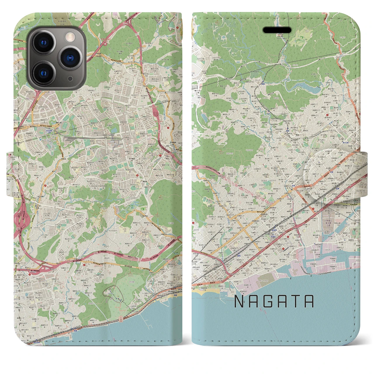 【長田】地図柄iPhoneケース（手帳両面タイプ・ナチュラル）iPhone 11 Pro Max 用