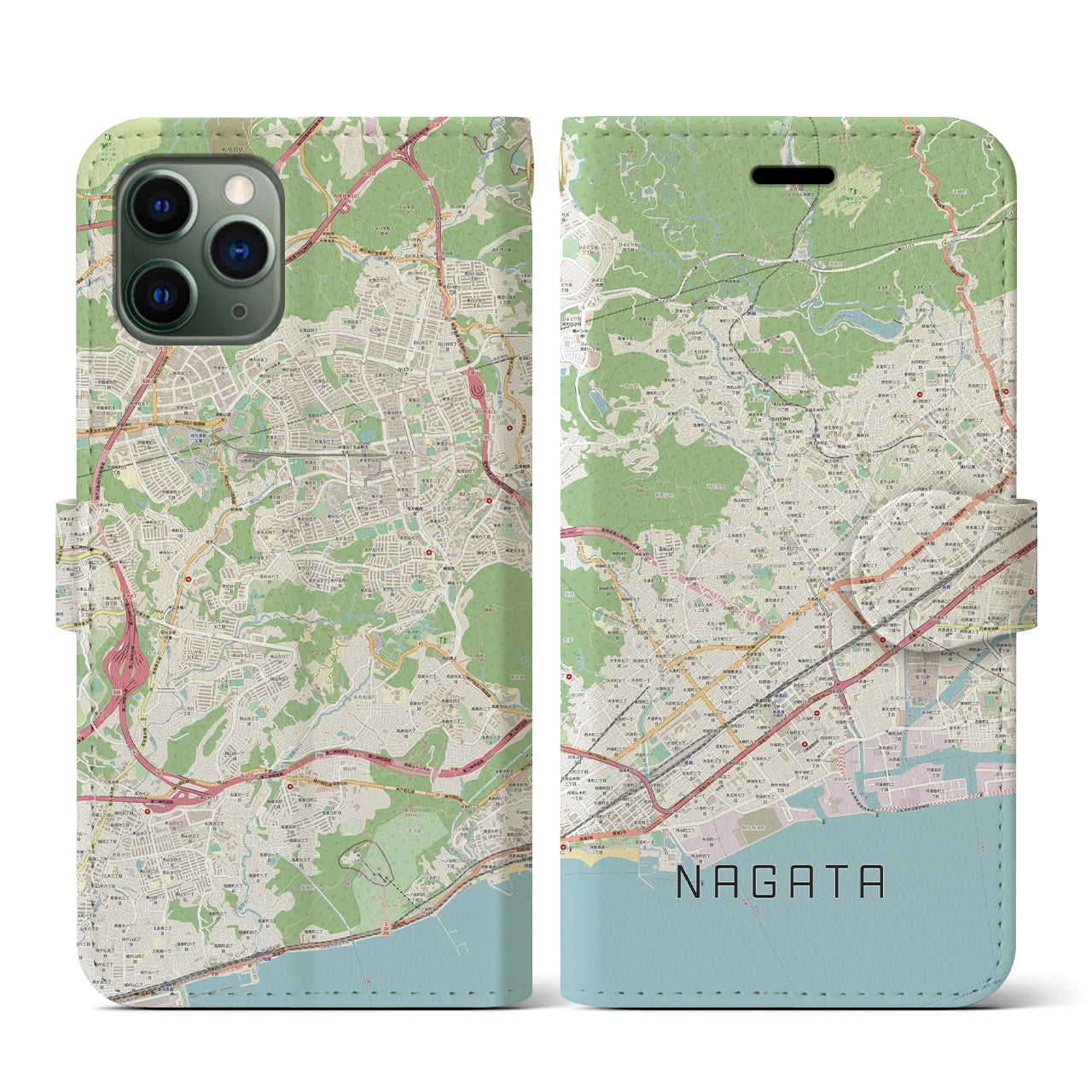 【長田】地図柄iPhoneケース（手帳両面タイプ・ナチュラル）iPhone 11 Pro 用