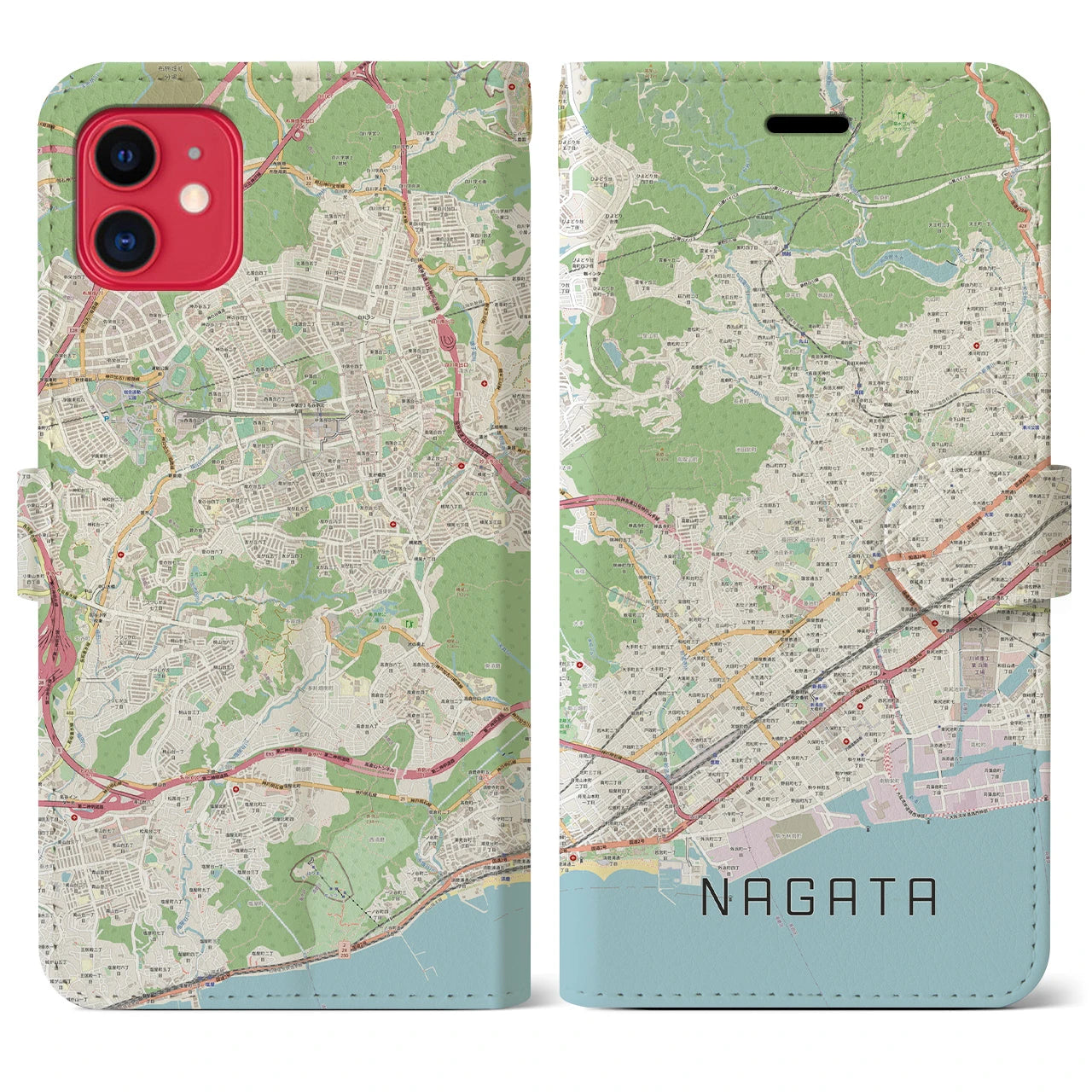 【長田】地図柄iPhoneケース（手帳両面タイプ・ナチュラル）iPhone 11 用