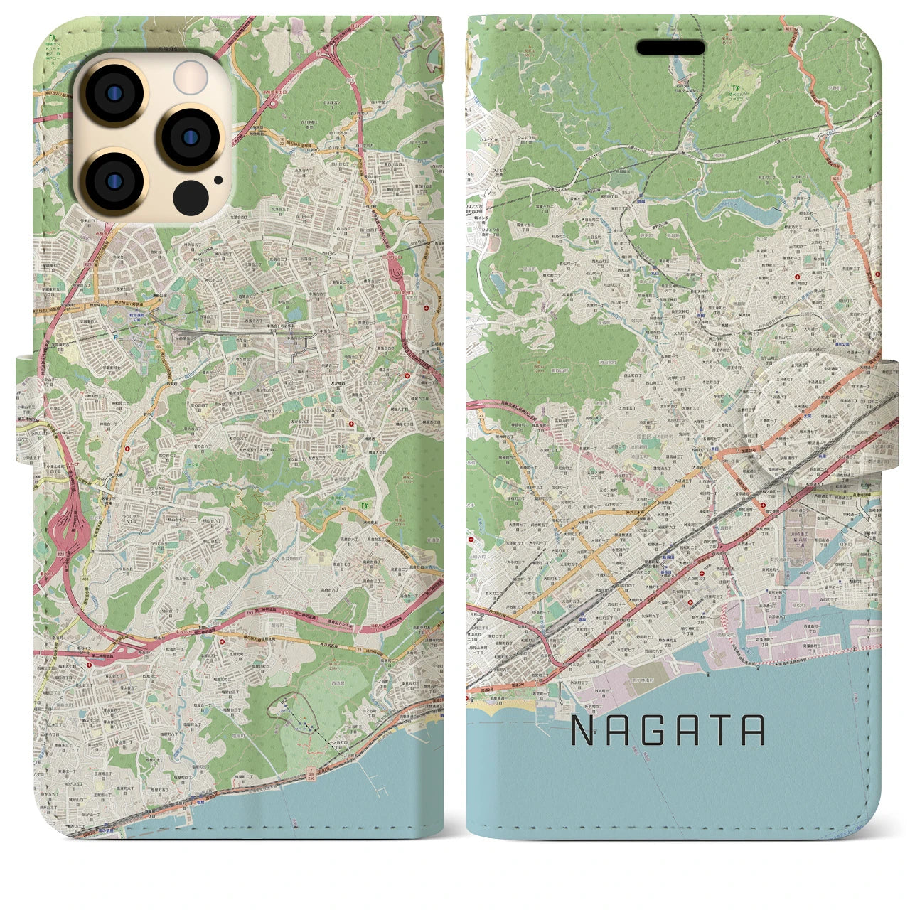 【長田】地図柄iPhoneケース（手帳両面タイプ・ナチュラル）iPhone 12 Pro Max 用
