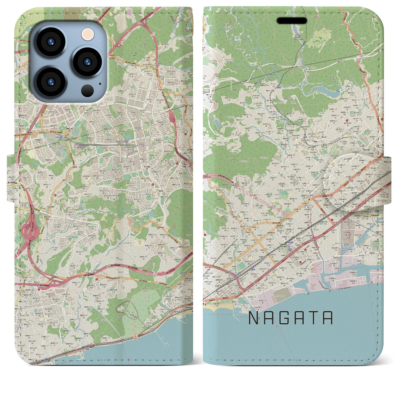 【長田】地図柄iPhoneケース（手帳両面タイプ・ナチュラル）iPhone 13 Pro Max 用