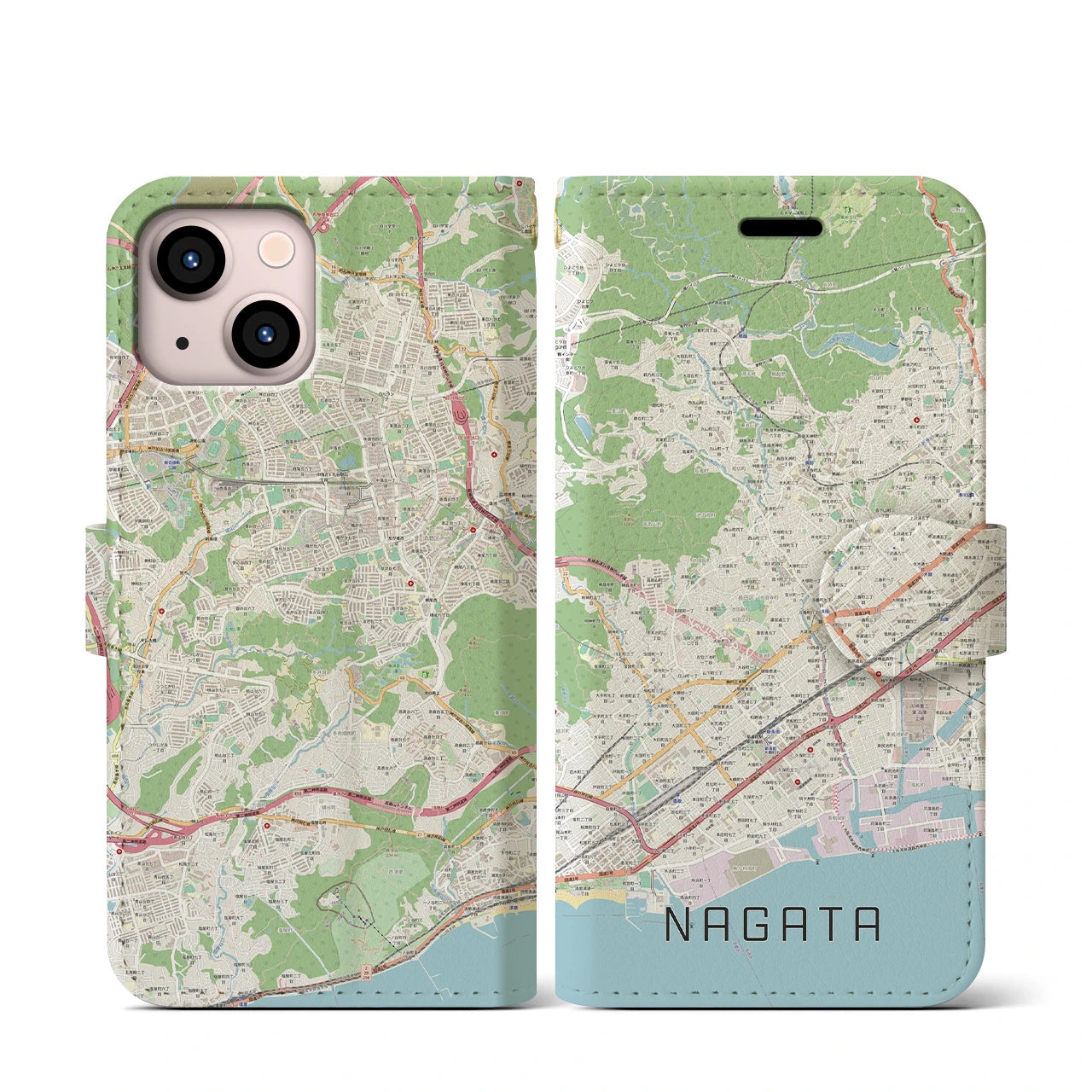 【長田】地図柄iPhoneケース（手帳両面タイプ・ナチュラル）iPhone 13 mini 用