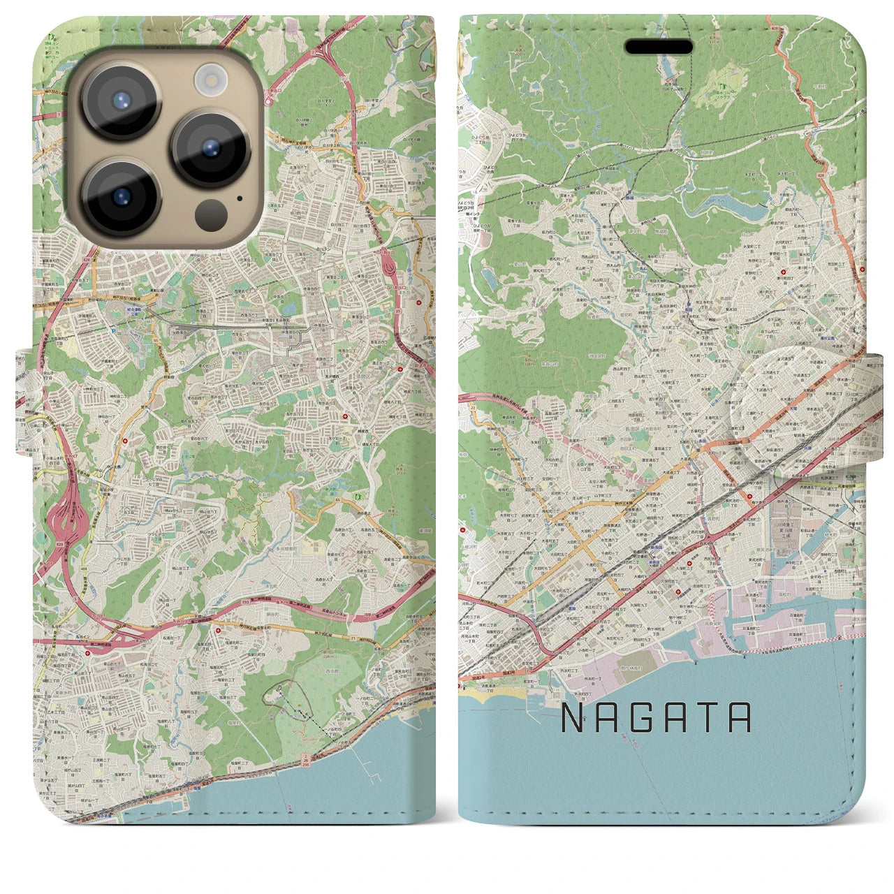 【長田】地図柄iPhoneケース（手帳両面タイプ・ナチュラル）iPhone 14 Pro Max 用