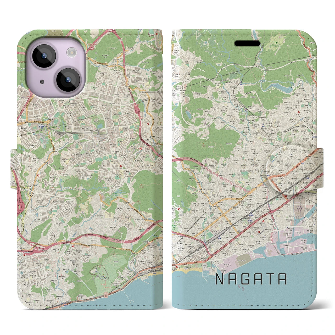 【長田】地図柄iPhoneケース（手帳両面タイプ・ナチュラル）iPhone 14 用