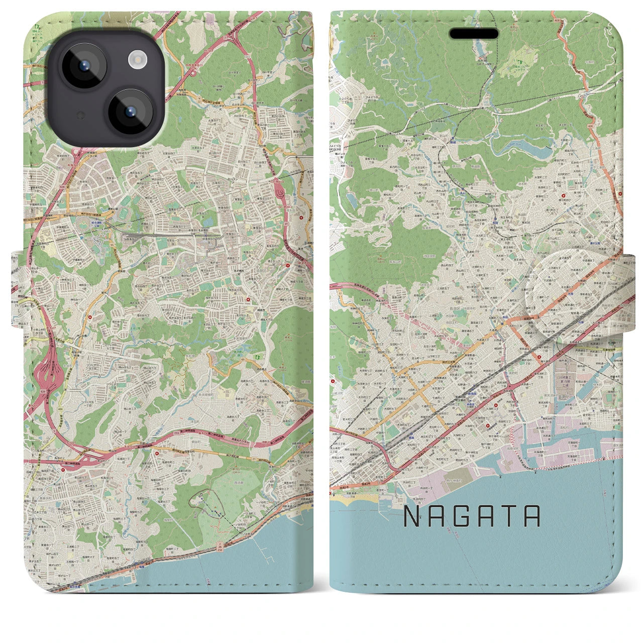 【長田】地図柄iPhoneケース（手帳両面タイプ・ナチュラル）iPhone 14 Plus 用