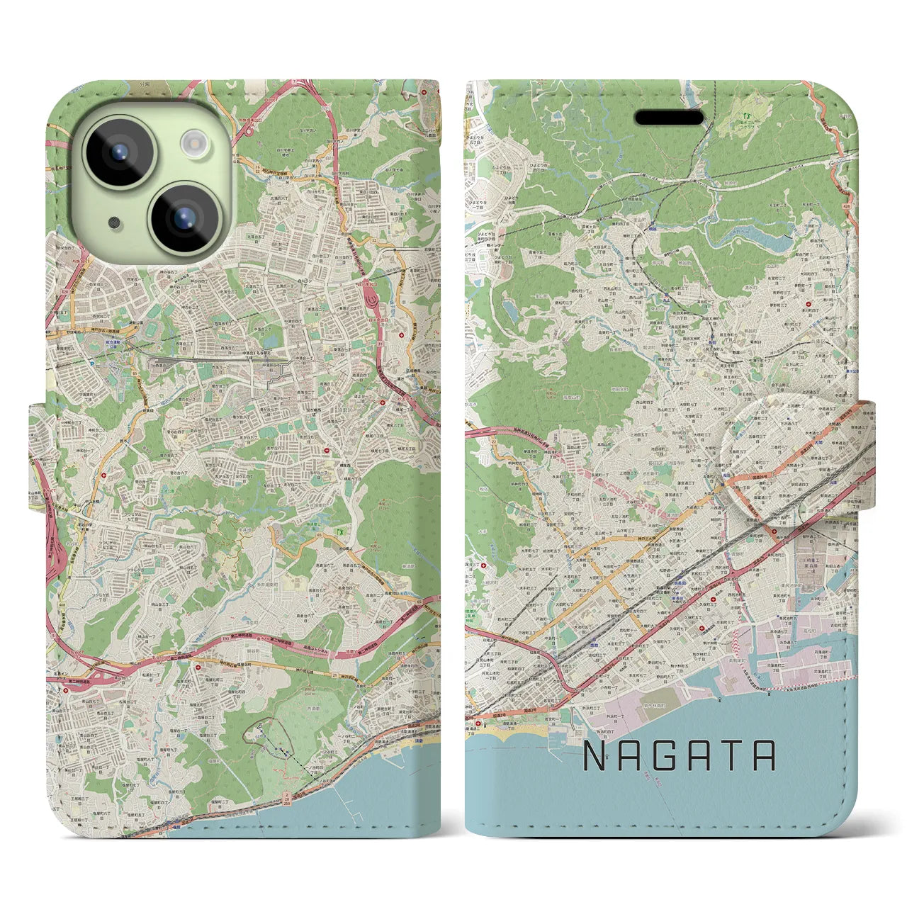 【長田】地図柄iPhoneケース（手帳両面タイプ・ナチュラル）iPhone 15 用