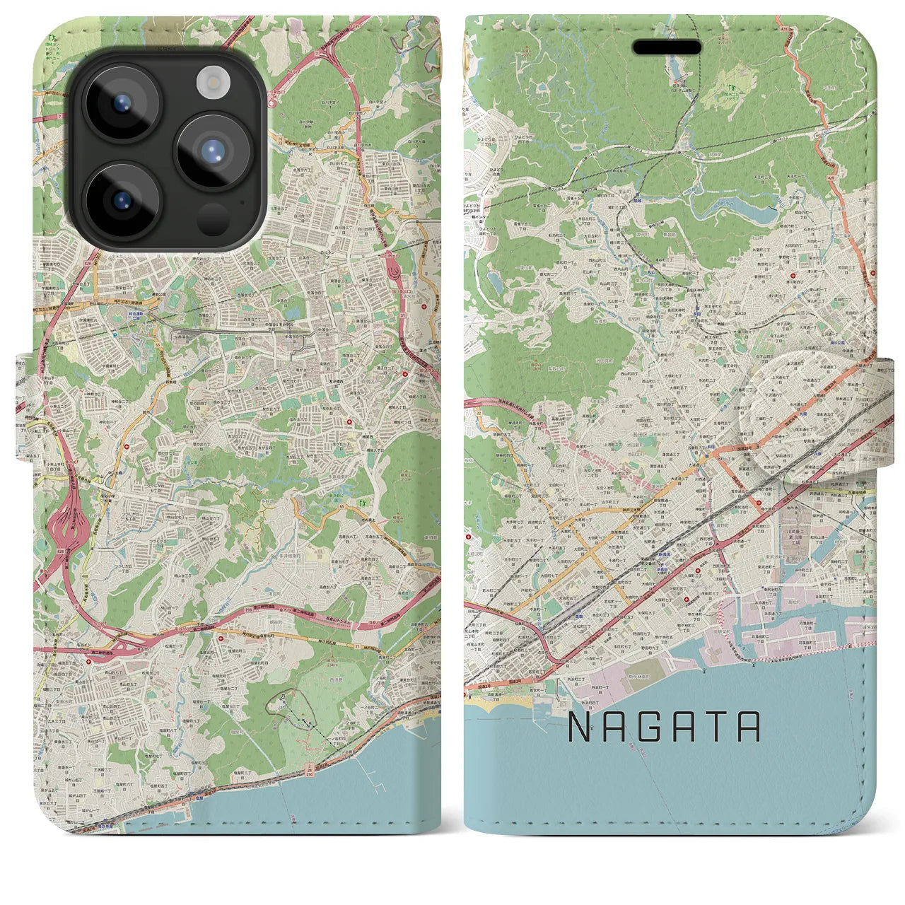 【長田】地図柄iPhoneケース（手帳両面タイプ・ナチュラル）iPhone 15 Pro Max 用
