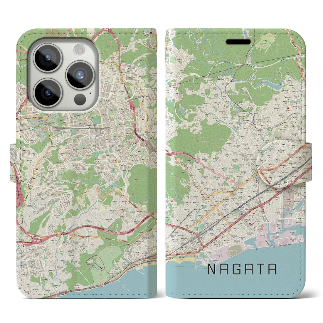 【長田】地図柄iPhoneケース（手帳両面タイプ・ナチュラル）iPhone 15 Pro 用